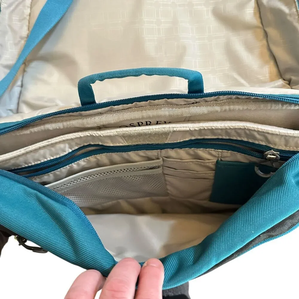 Osprey Teal Canvas Shoulder Laptop Bag Adjustable Strap Fleece Lined‎ Flaw Noted